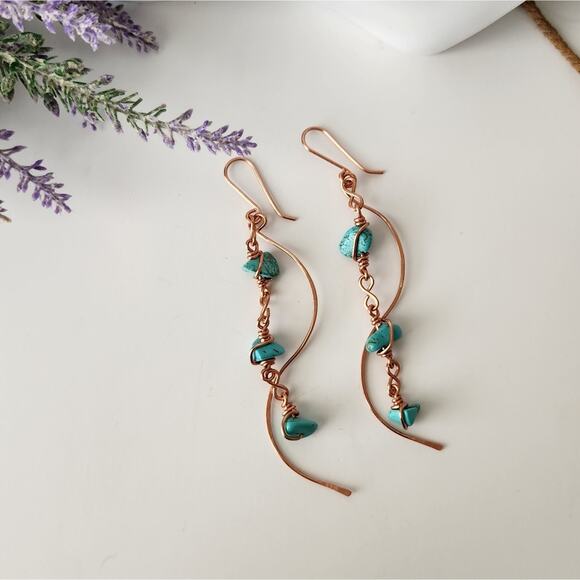 Artistic Copper Long Dangle Earrings with Turquoise Wagnerite Stone Beads - Picture 3 of 7